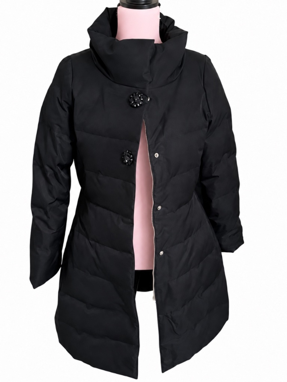 Kate Spade Black Quilted Puffer Coat with Back Bow and 2 Beaded Buttons